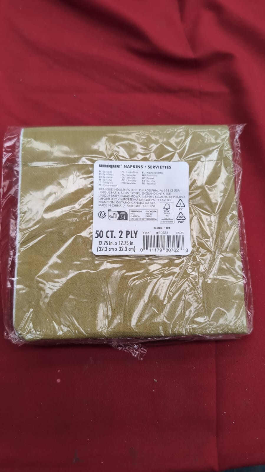 Unique 80762 - Paper Napkins - Gold Colour - 50 Count (packaging damaged)