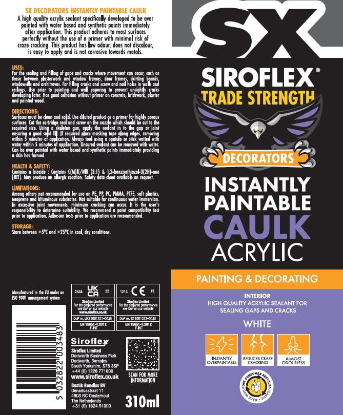 SX White Instantly Paintable Caulk Acrylic - Instantly Over Paintable With Water & Sythetic Based Paints - Reduces Craze Cracking - Sealing Gaps & Cracks - Interior Use - 310ml