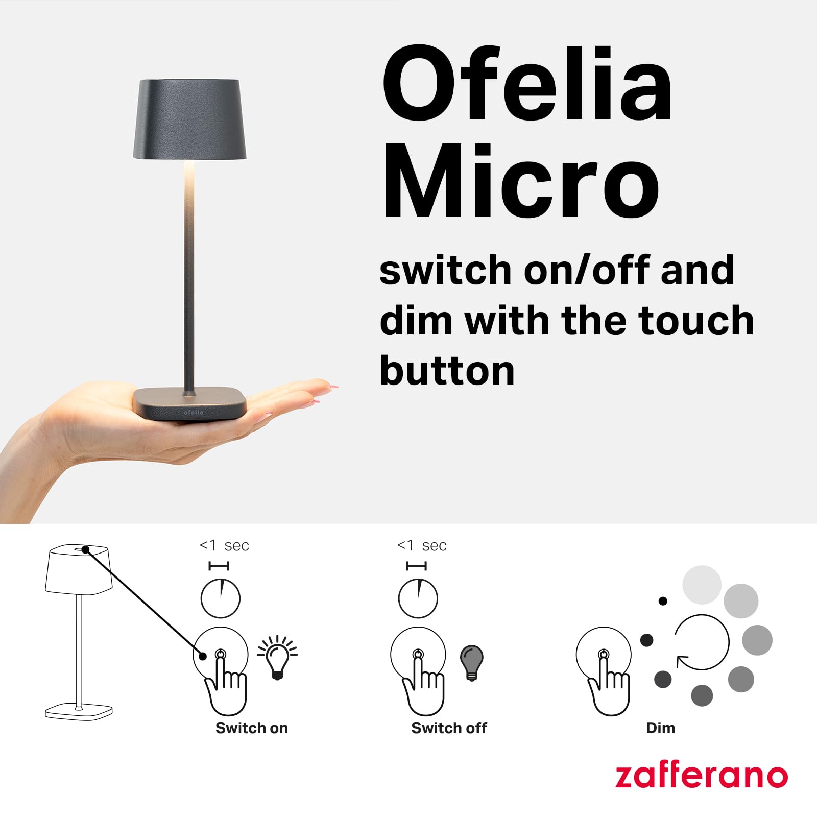 Zafferano, Ofelia Micro Lamp, Cordless Rechargeable Table Lamp with Touch Control, for Indoor and Outdoor Use, Dimmer, 2200-3000 K, Height 20 cm
