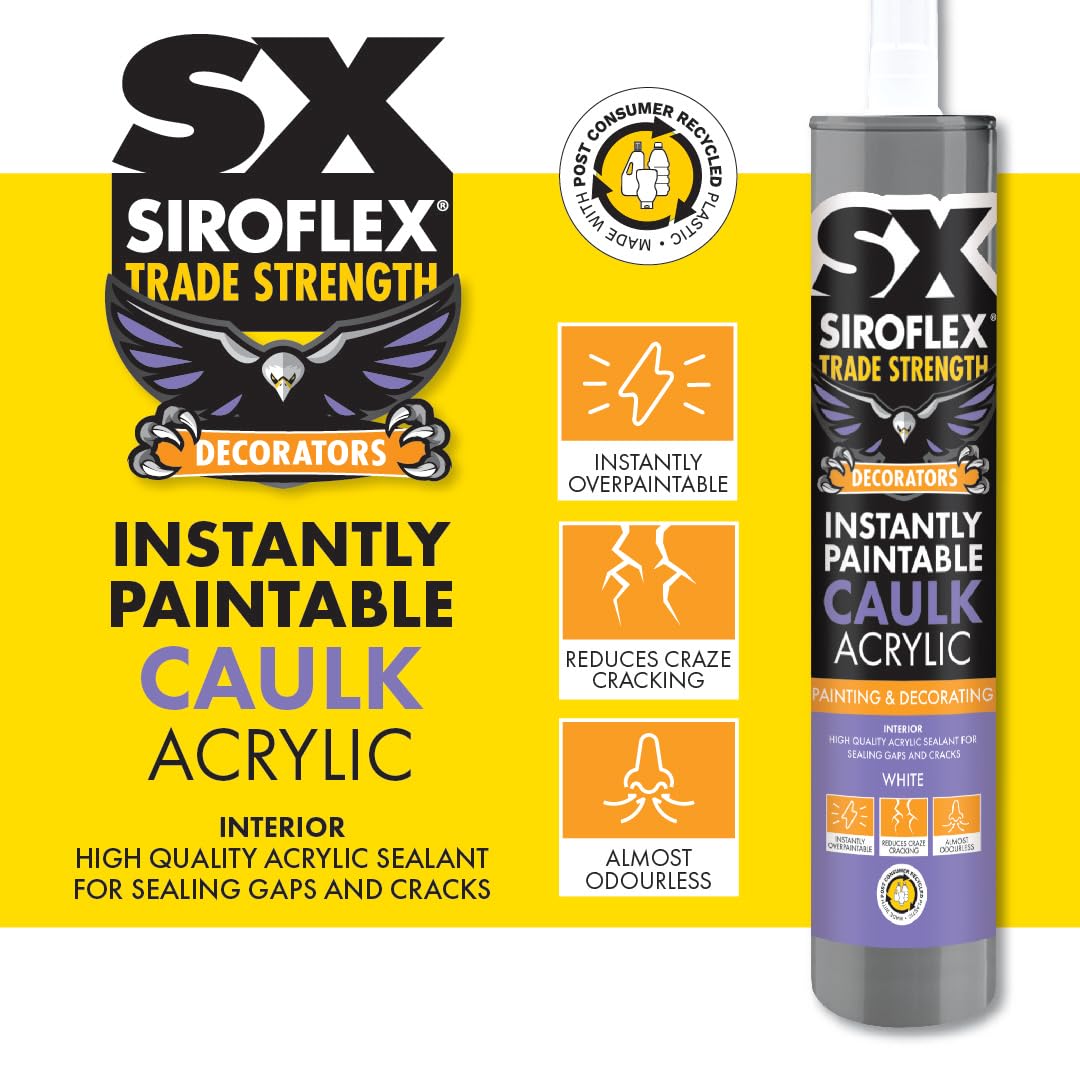 SX White Instantly Paintable Caulk Acrylic - Instantly Over Paintable With Water & Sythetic Based Paints - Reduces Craze Cracking - Sealing Gaps & Cracks - Interior Use - 310ml