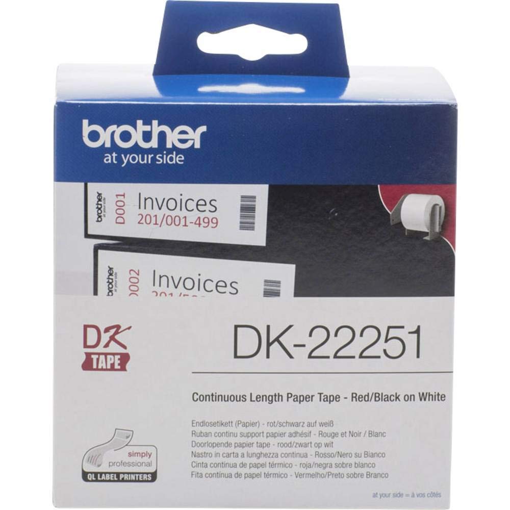 Brother DK-22251 selbstklebende Endlosetiketten (62 mm x 15,24 m, geeignet für QL-800, QL-810W, QL-820NWB) Rot/Schwarz auf weiß (Papier)
