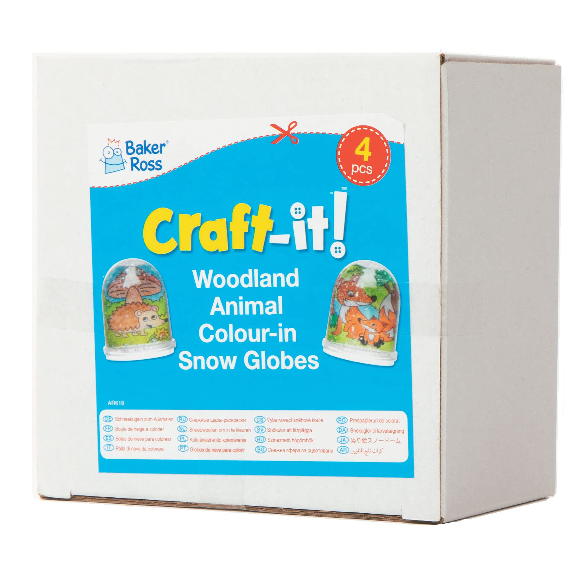 Baker Ross AR618 Woodland Animal Colour-in Snow Globes Value Pack — Creative Art and Craft Supplies for Kids to Make, Personalise and Decorate (Pack of 4), Assorted