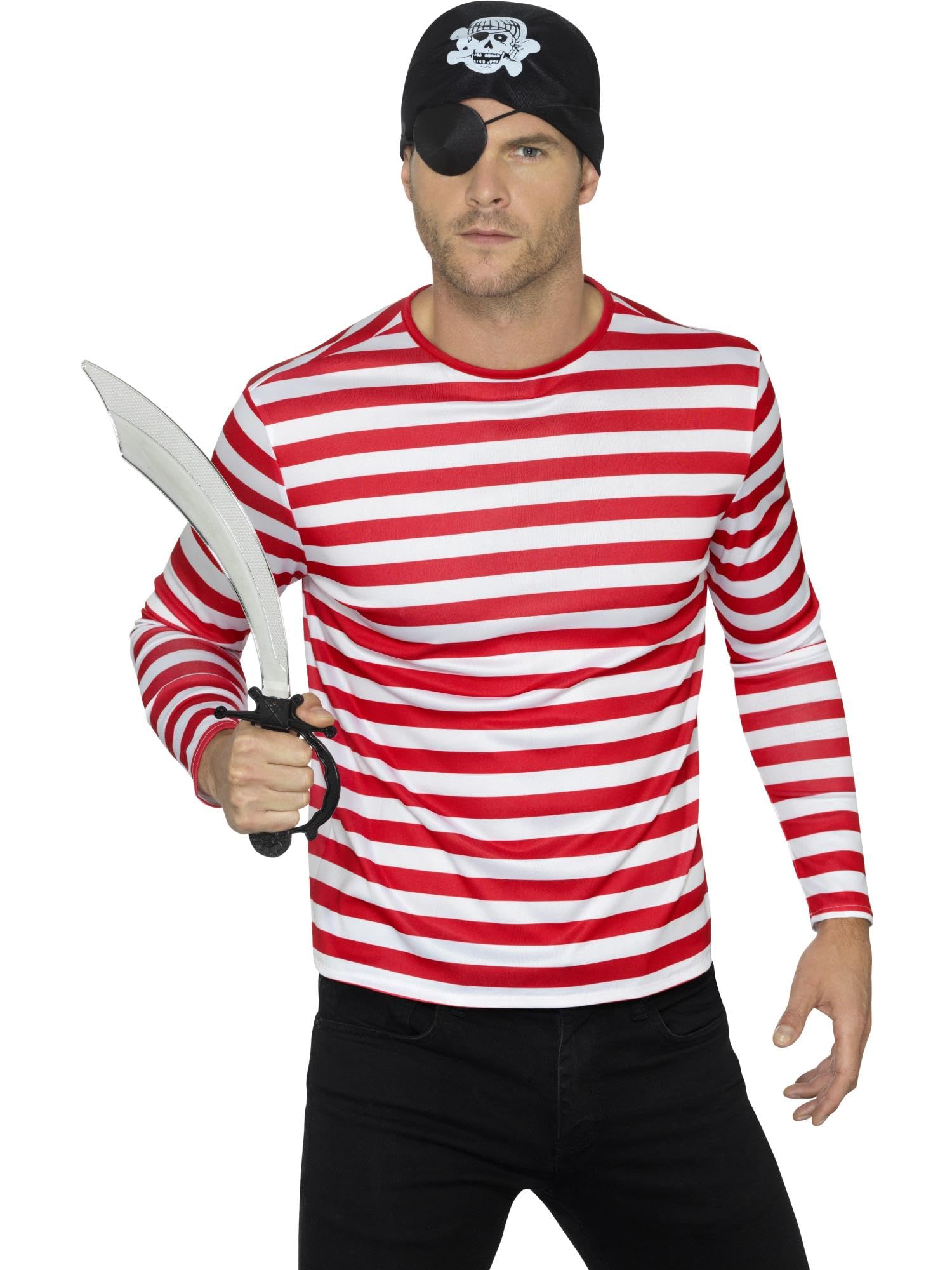 Smiffys Stripy T-Shirt, Red with Long Sleeve, Circus Fancy Dress, Adult Dress Up Costumes