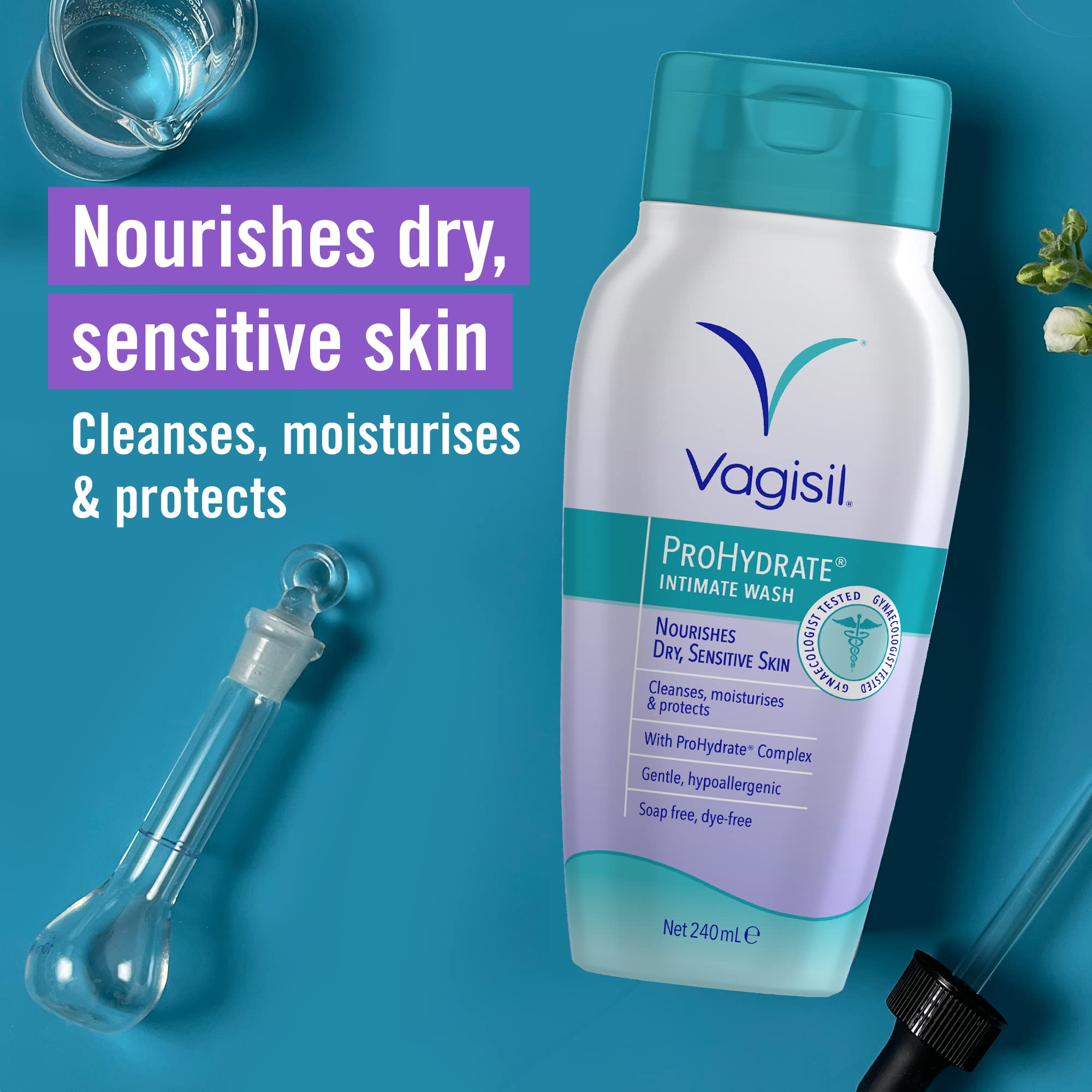 Vagisil ProHydrate Intimate Wash for Daily Feminine Hygiene for Dry & Sensitive Skin with Hyaluronic Acid, Cleanses, Moisturises & Protects, 240 ml
