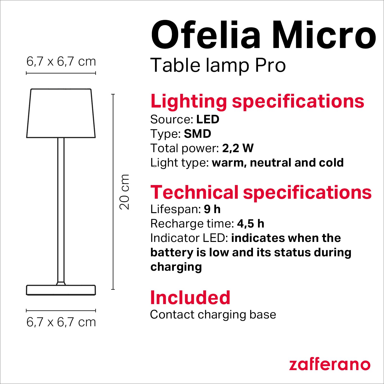 Zafferano, Ofelia Micro Lamp, Cordless Rechargeable Table Lamp with Touch Control, for Indoor and Outdoor Use, Dimmer, 2200-3000 K, Height 20 cm