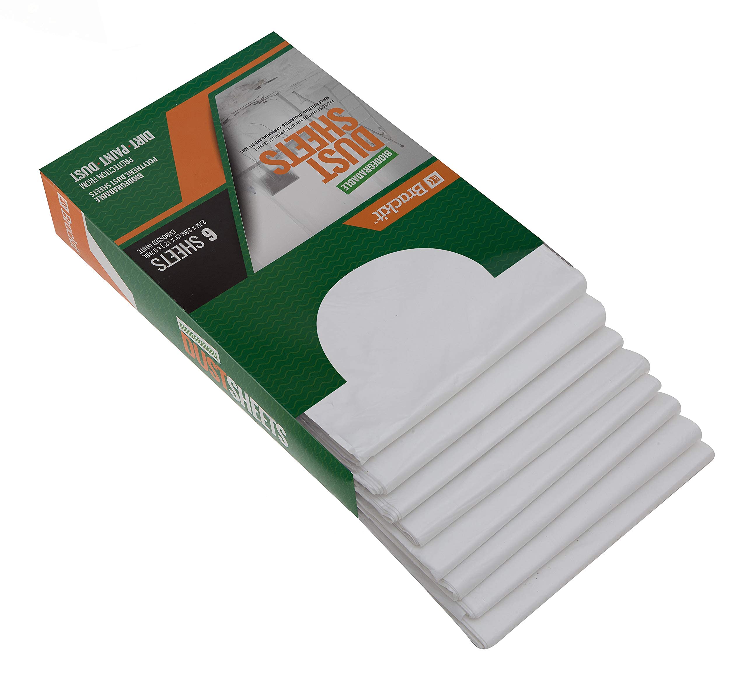 Brackit 6-Pack Biodegradable Large Plastic Dust Sheets for Decorating - 2.7m x 3.6m (12ftx 9ft) - 20 Micron - Embossed White Sheets for Painting - Waterproof Plastic Sheets for Painting & Covering