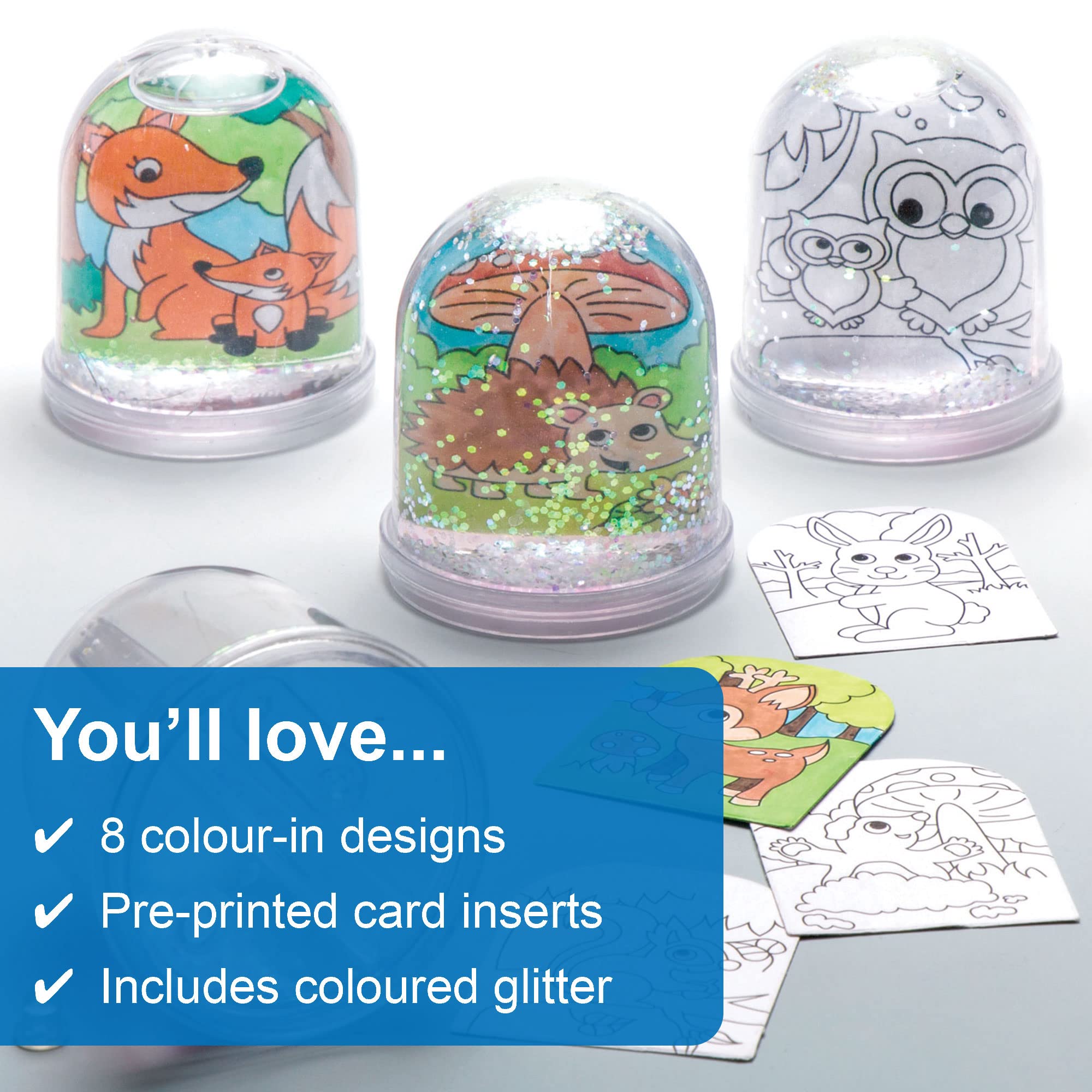 Baker Ross AR618 Woodland Animal Colour-in Snow Globes Value Pack — Creative Art and Craft Supplies for Kids to Make, Personalise and Decorate (Pack of 4), Assorted