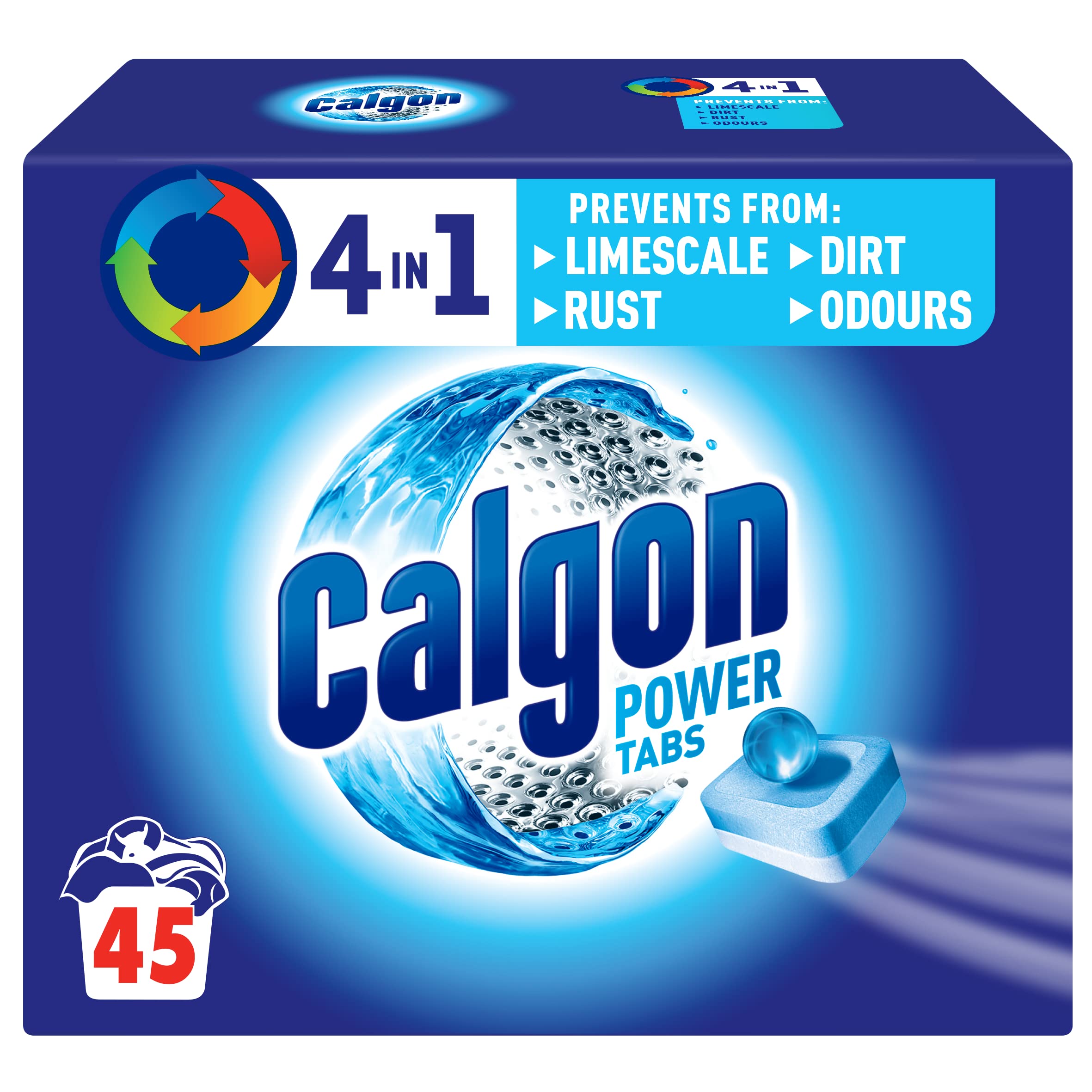Calgon 4-in-1 Water Softener Tablets, Washing Machine Cleaner, Removes Odours, Limescale & Residue, Deep Clean, Units: 45 Tablets, Size: L Pack,
