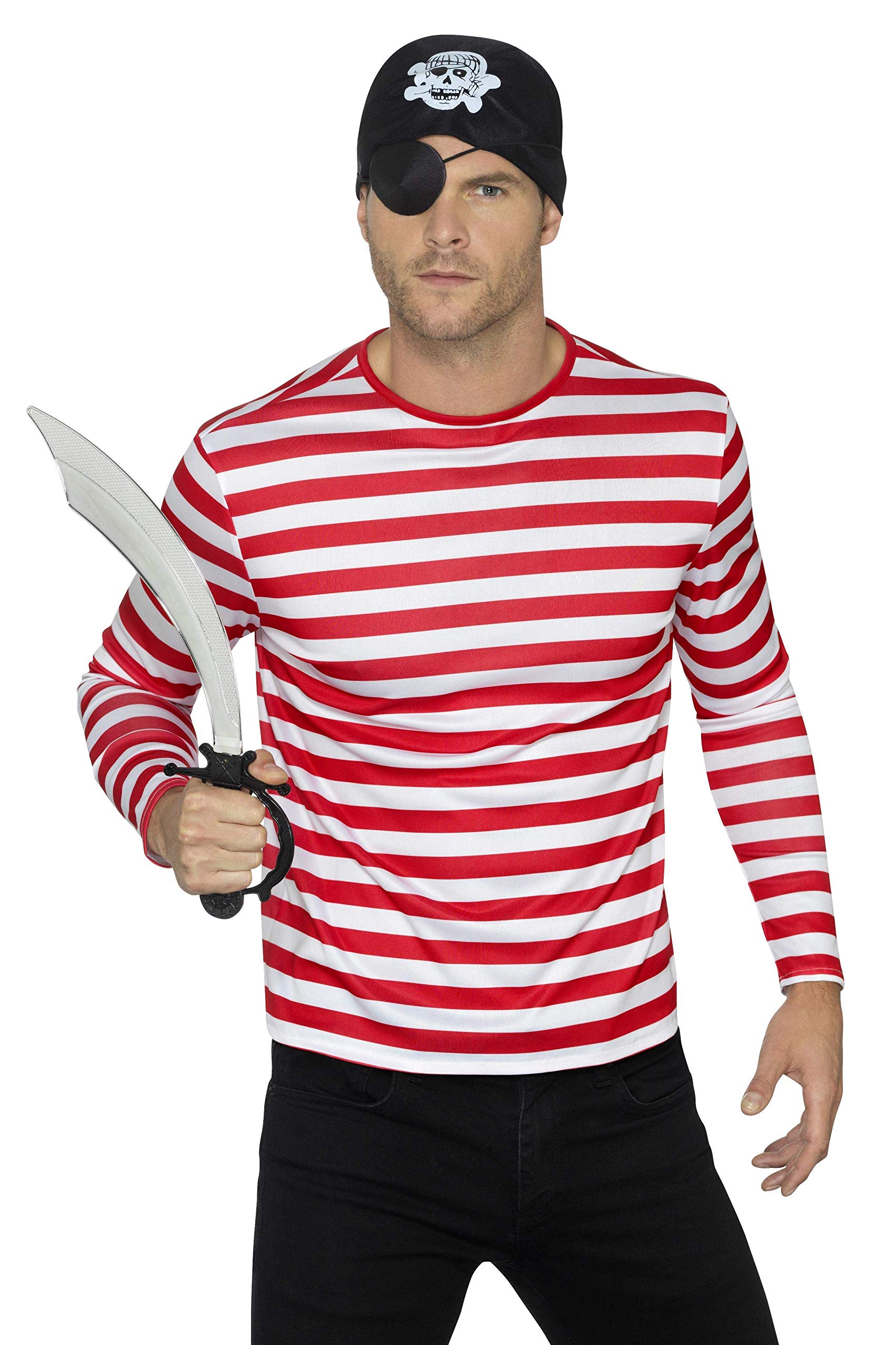 Smiffys Stripy T-Shirt, Red with Long Sleeve, Circus Fancy Dress, Adult Dress Up Costumes