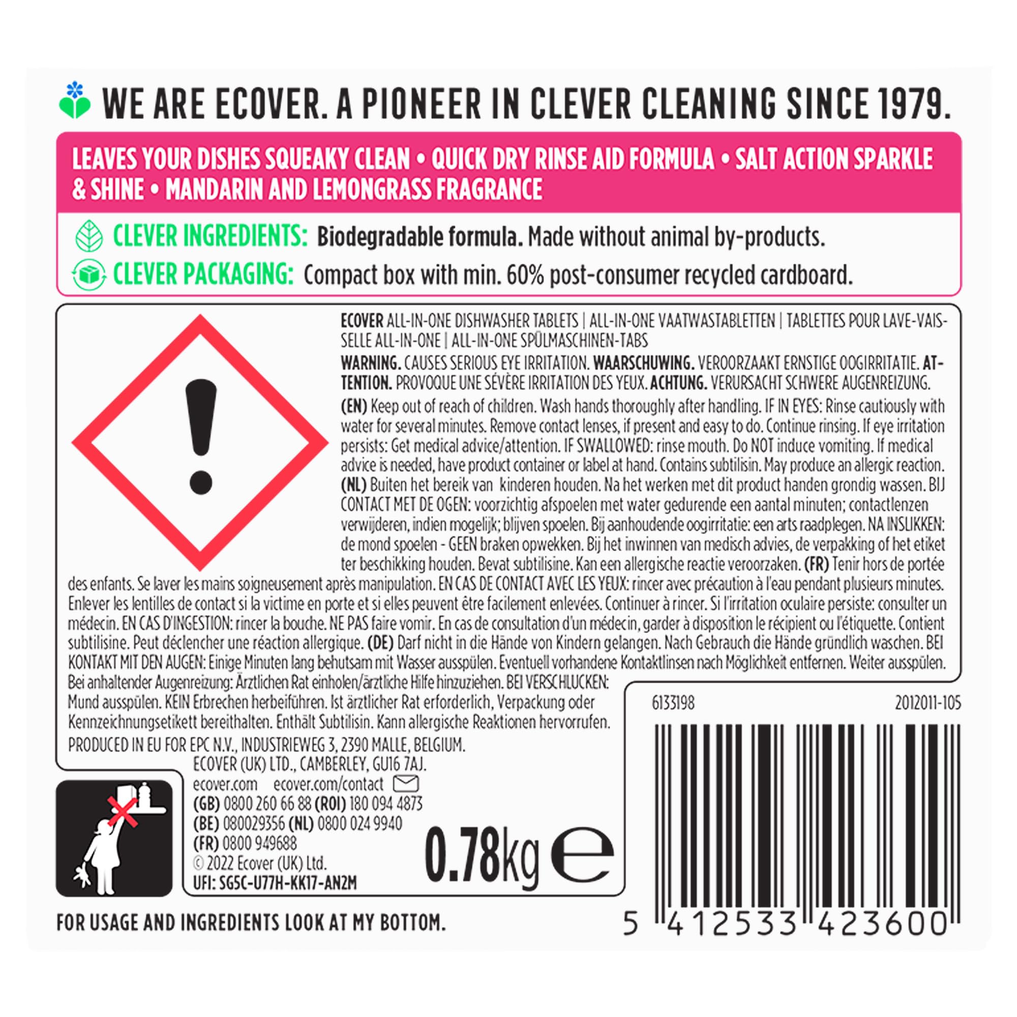 Ecover All-In-One Dishwasher Tablets, Contains Salt & Rinse Aid, Power Cleaning, Mandarin and Lemongrass Scent, Pack of 1, 45 Tablets