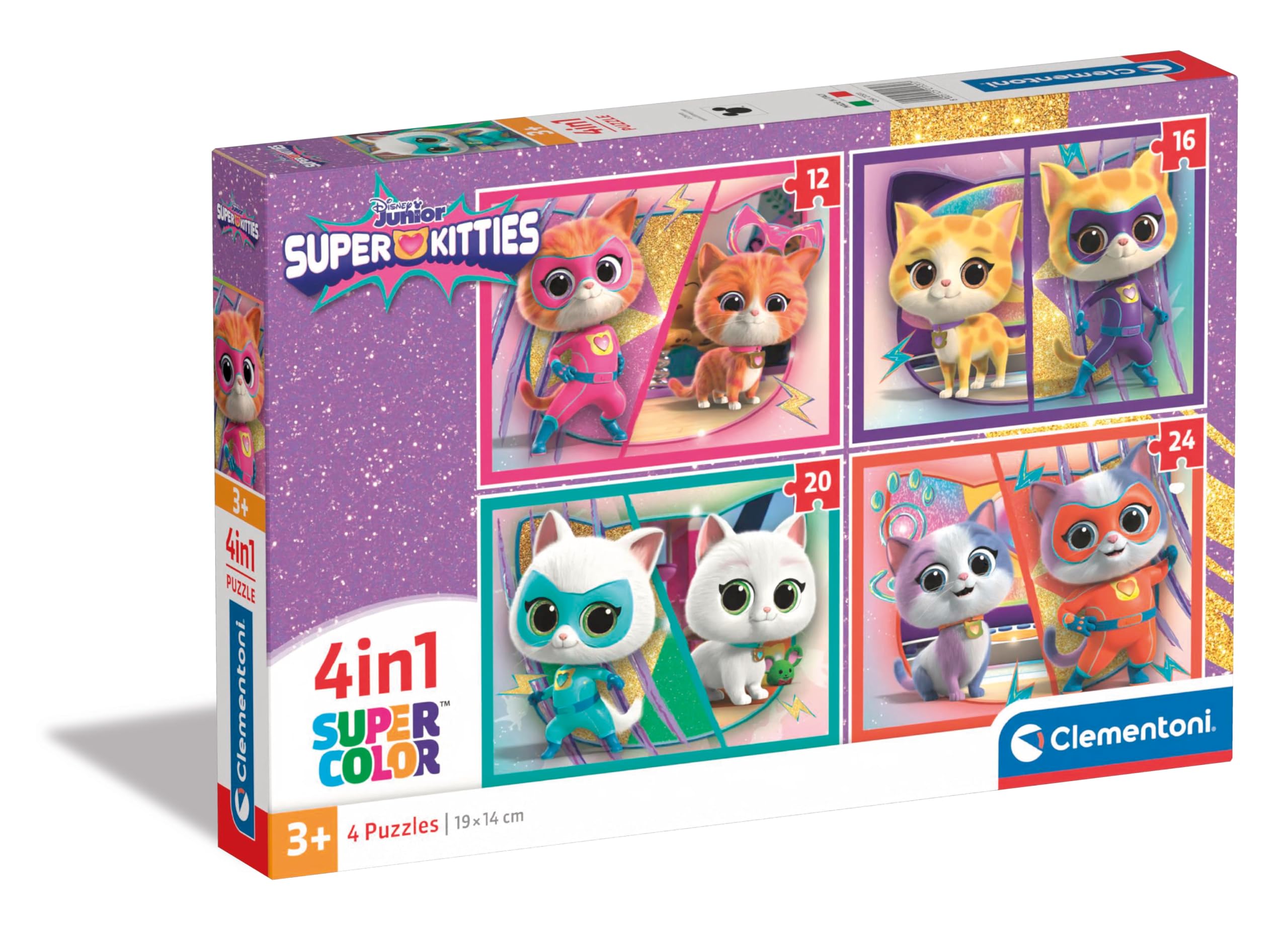 Clementoni Jigsaw Puzzle 4 In 1 Super Kitties 12+16+20+24 Pieces - Supercolor Puzzle For Children 4-6 Years, Cartoon, Gift For Boy/Girls, Puzzle For Kids, Made In Italy, 21531