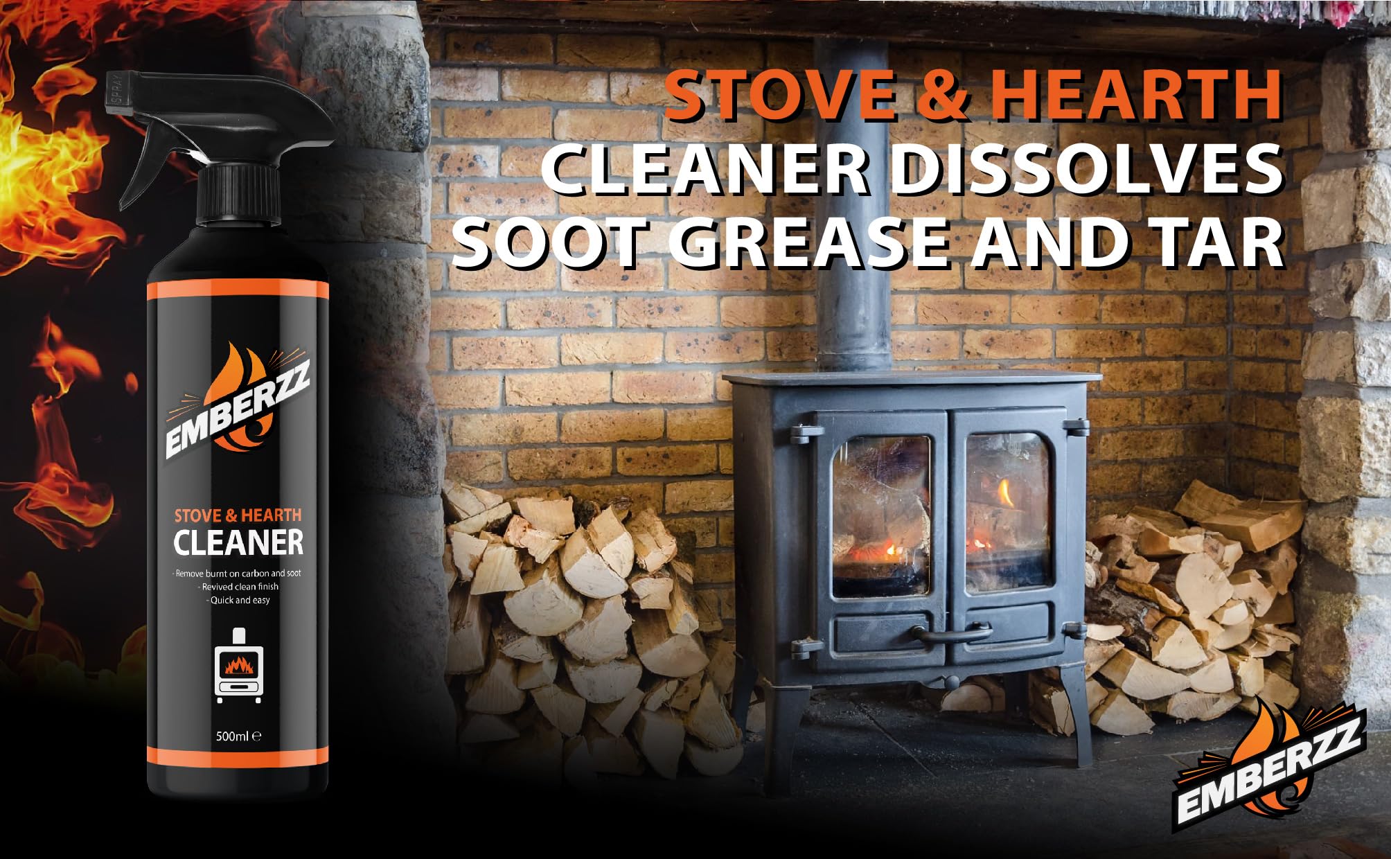 Emberzz - Stove, Fireplace and Hearth Cleaner | Dissolves Soot, Grease & Tar | For Wood, Log Burner - 500ml