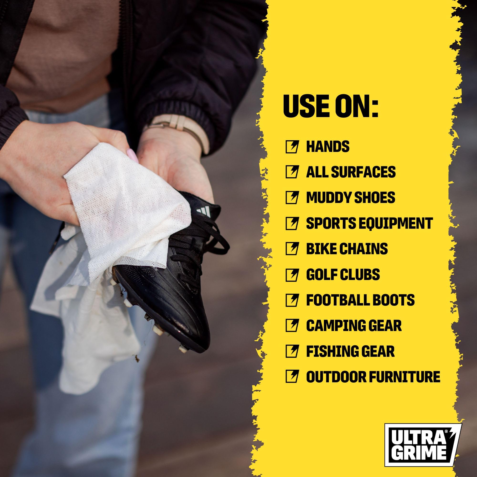 UltraGrime Sports & Leisure XXL Biodegradable Clothwipes - 80 Thick Multi Purpose Cleaning Cloths - Multi Surface Cleaner for Sports Equipment, Hands, Trainers, Football Boots, Golf Equipment Cleaning