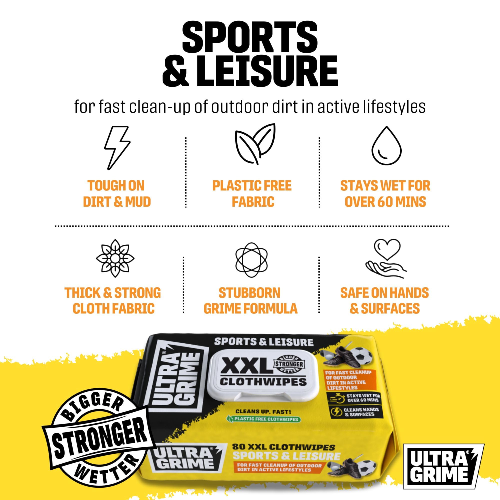 UltraGrime Sports & Leisure XXL Biodegradable Clothwipes - 80 Thick Multi Purpose Cleaning Cloths - Multi Surface Cleaner for Sports Equipment, Hands, Trainers, Football Boots, Golf Equipment Cleaning